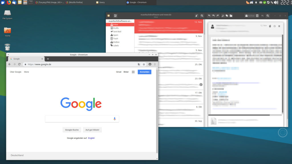 Chromium Browser und der E-Mail-Client Geary auf einem Xubuntu-Desktop